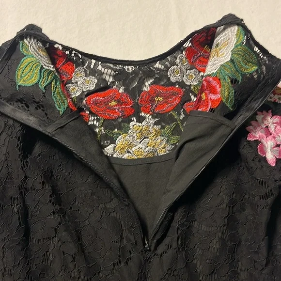 Embroidered Flowers Lace Luxury 3/4 Sleeve Midi Black lined Dress Back and front